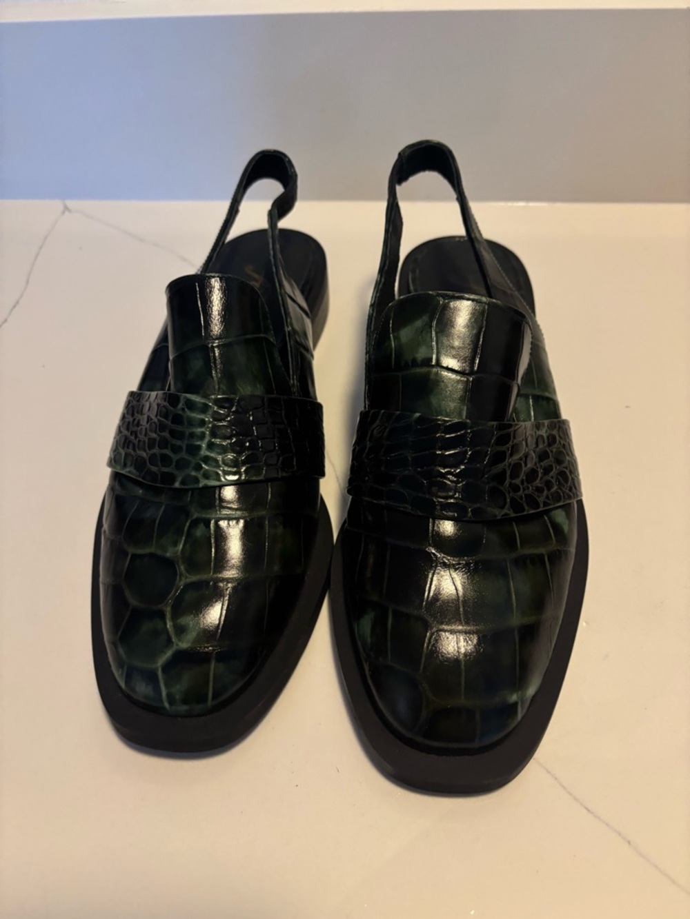 Free People Abbyroad Dark Green Croc-Embossed Slingback Loafers